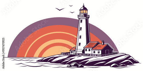 A lighthouse on a rocky coastline at sunset Vector