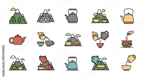 Collection of Tea Ceremony Icons with Mountains and Kettles.