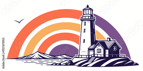 A lighthouse standing tall on a rocky coastline with a vibrant rainbow Vector