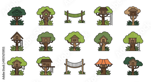 Collection of Treehouses and Rope Bridges for Childrens Play.