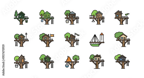 Collection of treehouse icons in various designs and styles.