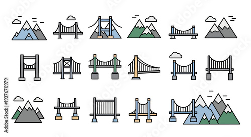Collection of various bridge and mountain icons in a minimalist line art style.