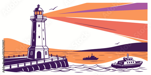 A purple lighthouse on a small island with a boat nearby Vector