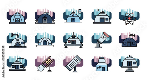 Collection of various igloo and arctic research station icons under the northern lights, showcasing different designs and scientific equipment in a cold environ