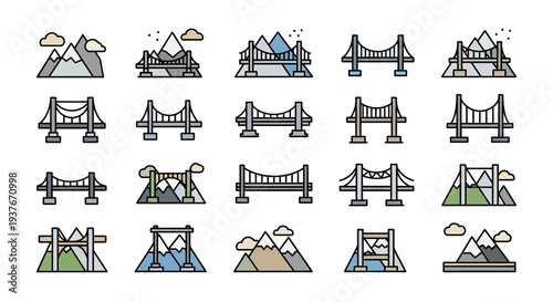 Collection of various bridge and mountain icons in a simple, modern style.