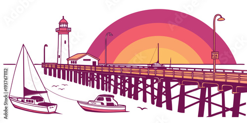 A pier with a sailboat and a lighthouse at sunset Vector