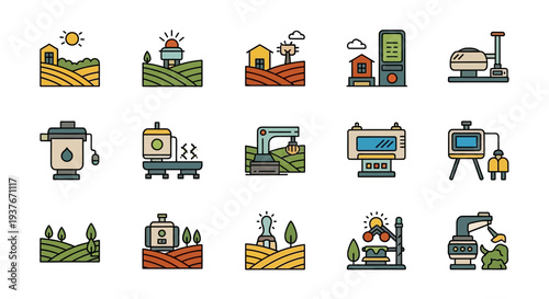 Modern Agriculture Technology and Farming Icons Set.
