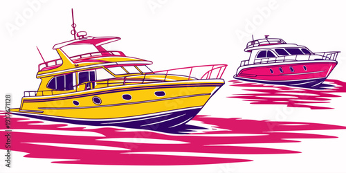 Two boats are floating on a pink sea Vector