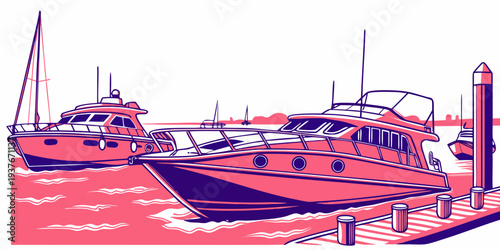 Boats are moored at a dock on a body of water Vector