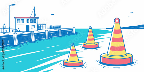 Buoys in the water near a dock with a building Vector