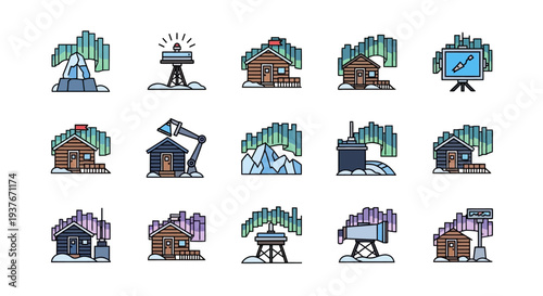 Northern Lights and Winter Cabins Vector Icons Set.