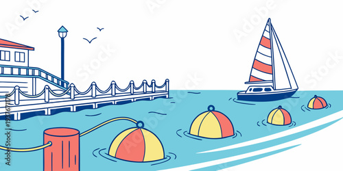 A colorful illustration of a beach scene with a sailboat and buoys Vector