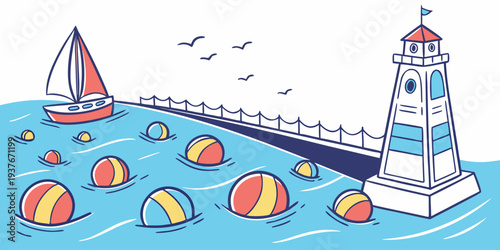 A lighthouse and a sailboat on a body of water with buoys Vector