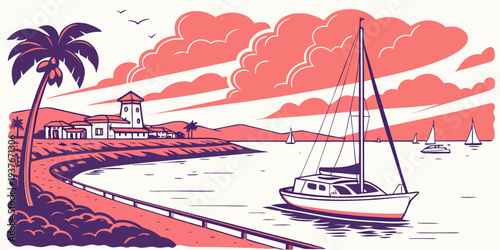 A sailboat is moored near a palm tree on a beach Vector