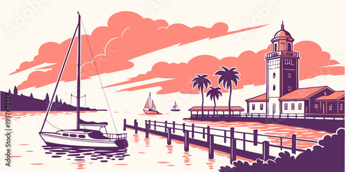 A pixelated image of a boat docked near a lighthouse Vector