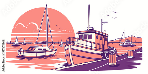 A boat is docked at a pier during sunset Vector
