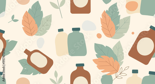 Seamless Pattern of Vintage Bottles and Leaves in Pastel Colors