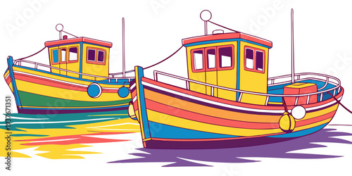 Two colorful boats are moored in calm waters Vector