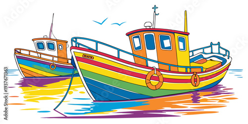 Colorful boats floating on calm water Vector