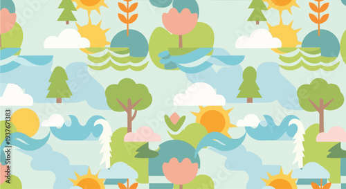 Seamless Pattern: Whimsical Nature Landscape with Sun, Clouds, Trees, and Water
