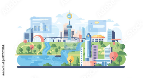 Smart City AI Technology Futuristic Skyline with River and Green Parks
