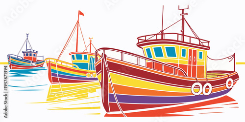 Colorful boats are moored in the harbor Vector