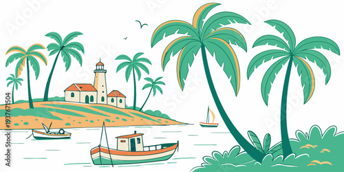 A serene tropical island scene with palm trees and a boat Vector