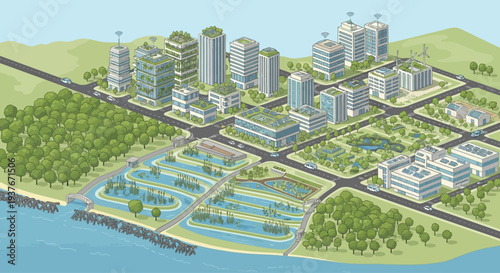 Sustainable Eco Cityscape with Green Buildings, Waterways, and Nature