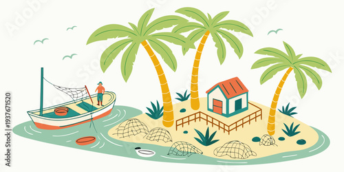 A small island with a house and a boat Vector