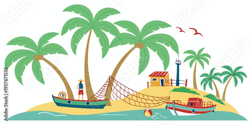 A colorful cartoon island with palm trees and boats Vector