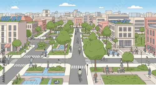 Sustainable urban neighborhood with green buildings, solar panels, bikes, and pedestrians