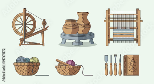 Traditional crafts: spinning wheel, pottery, weaving loom, yarn, tools
