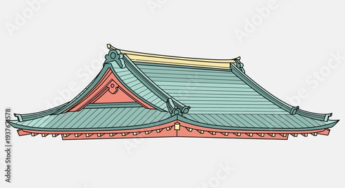 Traditional Japanese Temple Roof Architecture, Pagoda Style, Red and Teal Colors
