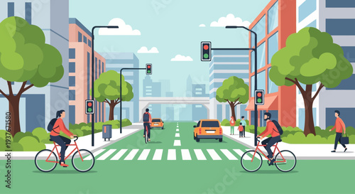 Urban cyclists cross busy city street with cars and traffic lights, sustainable transport