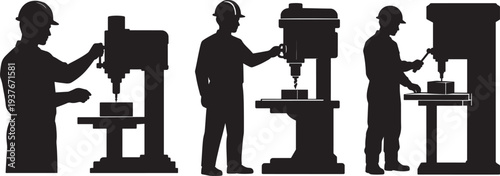 Evolution of a worker from hand drill to modern milling machine silhouette