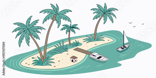 A small island with palm trees and boats in the water Vector