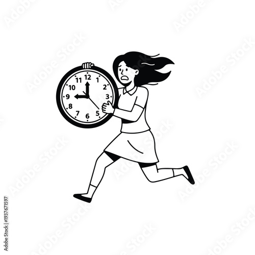 Woman running with oversized clock in hand on white background
