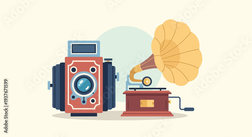 Vintage Camera and Gramophone: Retro Technology, Nostalgia, and Old Media