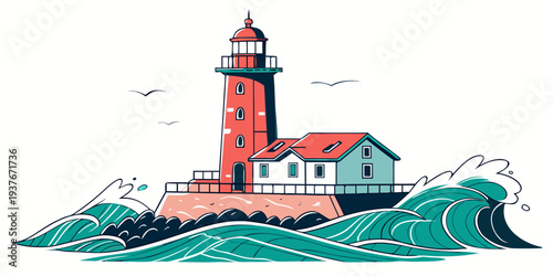 A red lighthouse on a rocky coastline with crashing waves Vector