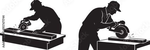 Two construction workers using circular saws to cut wood on workbenches icons