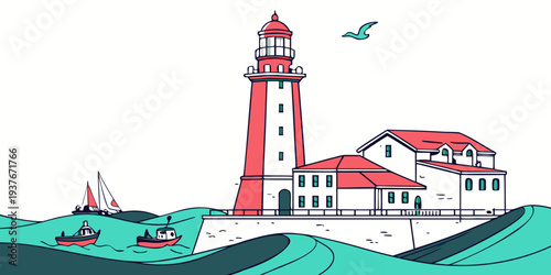 A red and white lighthouse on a small island Vector