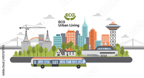 Eco urban living concept with green bus, modern city skyline, and sustainable architecture