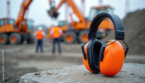 Bright orange earmuffs rest on concrete at busy construction site. Heavy machinery and workers in safety vests are blurred in background. The gear protects hearing from loud noise.