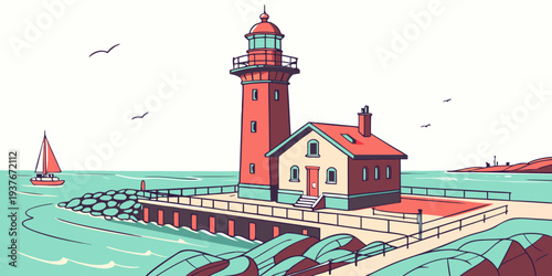 A lighthouse on a pier by the sea Vector