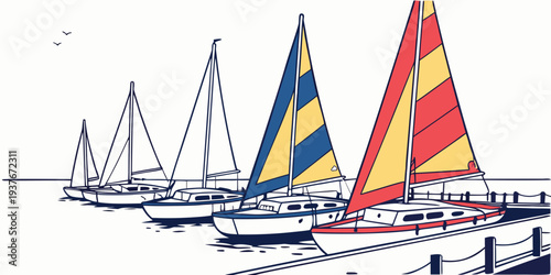 A group of sailboats with colorful sails Vector