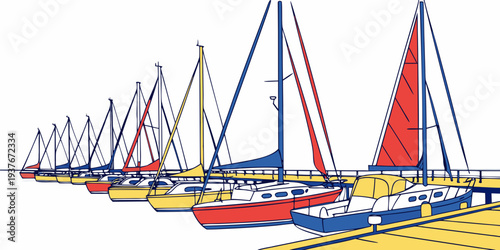 A group of colorful sailboats are docked in the water Vector