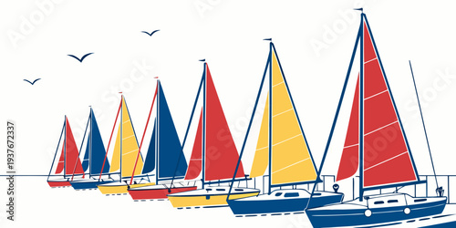 A group of sailboats with colorful sails Vector