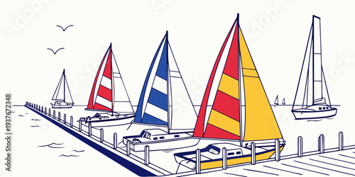 A group of sailboats with colorful sails Vector