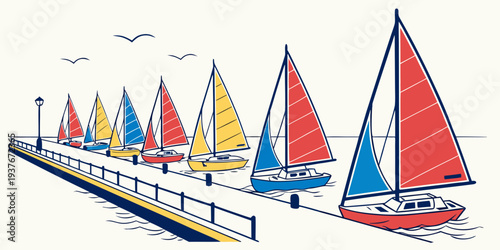 A colorful illustration of sailboats on a dock Vector