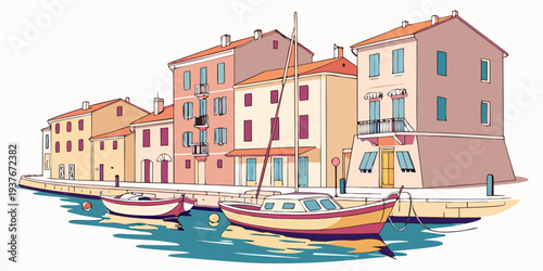 A colorful illustration of a small coastal town with boats Vector